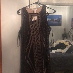 Long black dress with nude underslip